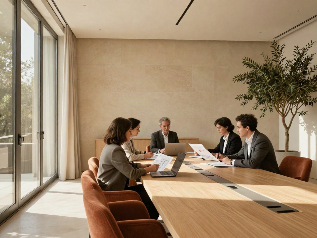 Professionals reviewing business insights together in a sunlit, contemporary boardroom